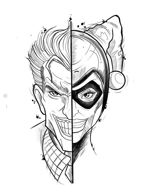 Harley Quinn Tattoo Stencil, Joker Line Art, Joker Drawing Easy, Panel Tattoo, Joker And Harley Tattoo, Tattoos For Siblings, Lego Joker, Joker Drawing, Matching Tattoos For Siblings