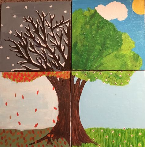 4 Seasons Art Project, Four Seasons Tree Drawing, Tree Seasons Craft, 4 Seasons Art For Kids, Four Seasons Tree Painting, Seasons Tree Art, 4 Seasons Art, Trees Art Drawing, Four Season Tree