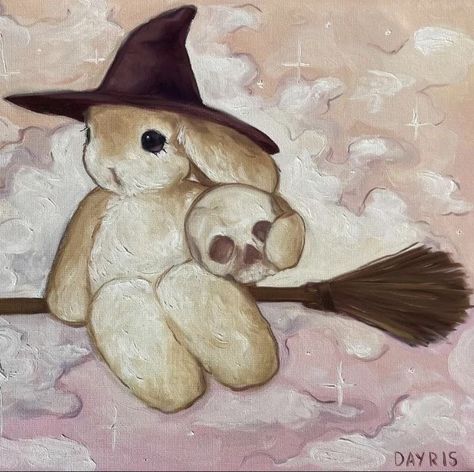 Witch Painting Aesthetic, Cute Animal Paintings, Coquette Animals, Bunny Painting, Bunny Drawing, Cute Canvas Paintings, Cute Paintings, Bunny Art, Cute Canvas