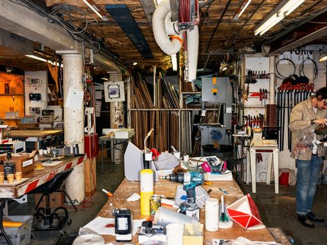 Tom Sachs, the Handyman of High Art | GQ Tom Sachs, Art Galleries Design, Art Studio Organization, Studio Organization, Art Therapy Activities, Workspace Design, James Brown, High Art, Work Environment