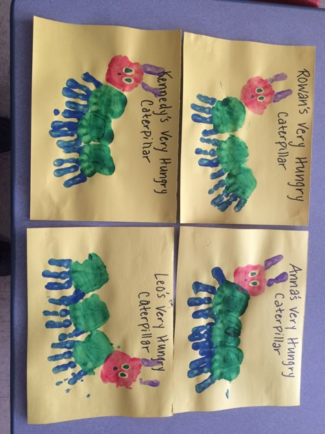 Very Hungry Caterpillar Handprint Craft, Caterpillar Handprint Craft, The Very Hungry Caterpillar Kindergarten, Hungry Caterpillar Handprint Art, Hungry Caterpillar Games Preschool, Caterpillar Craft For Infants, Hungary Caterpillar Activities, Hunger Caterpillar Activities, Hungry Caterpillar Crafts For Preschool