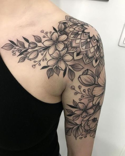 Mandala And Flower Sleeve, Mandala Floral Shoulder Tattoo, Shoulder Cap Mandala Tattoos For Women, Madella And Flower Tattoo, Floral Tattoo Design Shoulder Sleeve, Both Arms Tattoo Sleeve, Mandela Shoulder Tattoos For Women, Mandala Flower Sleeve Tattoo, Shoulder Pieces For Women Tattoo