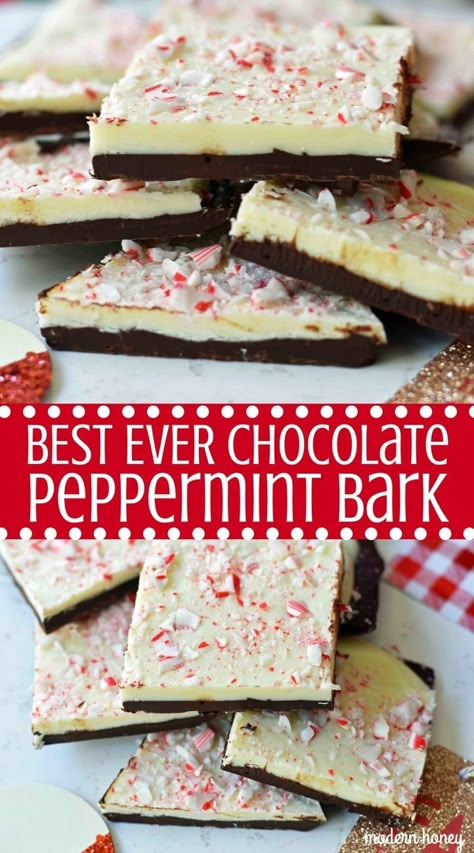 Melting Chocolate Recipes, Chocolate Peppermint Bark Recipe, Toffee Dessert, Xmas Sweets, Peppermint Bark Recipe, Peppermint Bark Recipes, Modern Honey, Crushed Peppermint, Melted White Chocolate