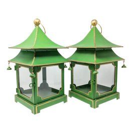 Asian Antiqued Two-Tier Green Tole Pagoda Lanterns - a Pair For Sale Blue And White Dining Room, Chinoiserie Interior, Tupelo Tree, Large Dining Room Table, Pagoda Lanterns, Decorating 101, Enchanted Home, Shell Decor, Large Dining Room