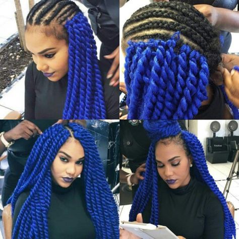 Blue crochet Marley/ Senegalese twist. An easy way to get this look :) I don't know the stylists but maybe this will help guide you. #blue #crochet #twists #Senegalese #Marley Get name up is bomb too ! I need that lip colour in my life. Blue Senegalese Twist, Blue Faux Locs, Crochet Twist Hairstyles, Crochet Twists, Havana Twist Hairstyles, Extreme Hair Colors, Jumbo Twists, Senegalese Twist Hairstyles, Rainbow Braids