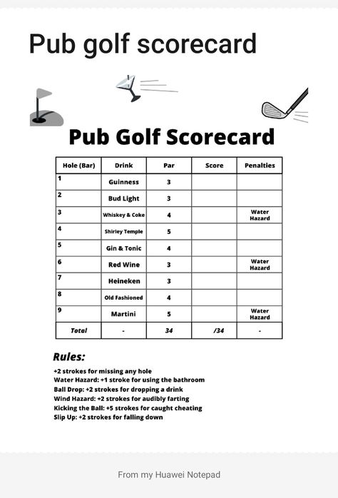 Bar Golf Scorecard, Pub Golf Rules, Golf Bar Crawl, Pub Golf Scorecard, Bar Golf, 40 Birthday Party, Pub Golf, Golf Bar, Golf Scorecard