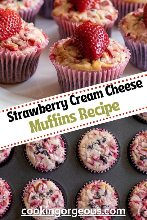 Breakfast muffins made with chocolate cake mix and topped with strawberry and cream cheese mixture. Cream Cheese Filled Muffins, Strawberry Cream Cheese Muffins Recipe, Strawberry Cream Cheese Muffins, Unique Cheesecake Recipes, Simple Chocolate Cake, Fancy Desserts Recipes, Bakery Style Muffins, Easy Chocolate Desserts, Local Bakery