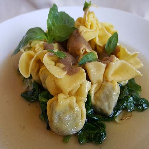 Porcini Sacchetti with Mushroom dashi, sautéed dandelion greens, mushroom essence and basil Fancy Meals, Portabella Mushrooms, Porcini Mushroom, Dandelion Greens, Gourmet Pasta, Fontina Cheese, Stuffed Portabella Mushrooms, Mini Egg, Cheese Cultures