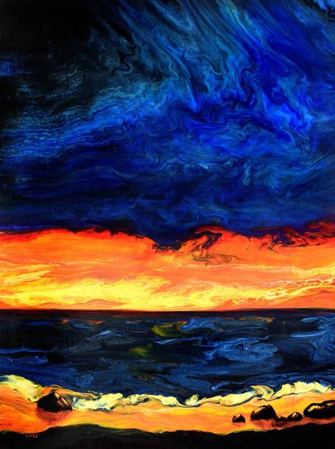 Seascape in Indigo and Bright Orange Original Pour Painting Abstract Expressionism Color Field Orange Painting Acrylic, Blue Orange Painting, Bright Color Paintings, Blue And Orange Painting, Orange And Blue Color Palette, Blue And Orange Aesthetic, Church Mural, Orange Color Combinations, Contrast Art