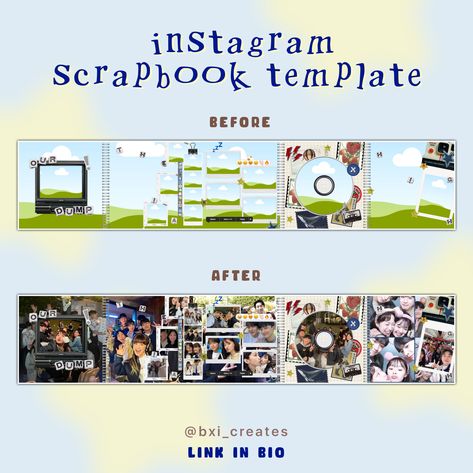 template linked ! Digital Scrapbook Layouts, Canva Magazine Template, Instagram Scrapbook Template, Insta Scrapbook Post, Canva Collage Templates, Ig Scrapbook Post, Canva Scrapbook Template, Photo Dump Template, Scrapbook Templates Canva