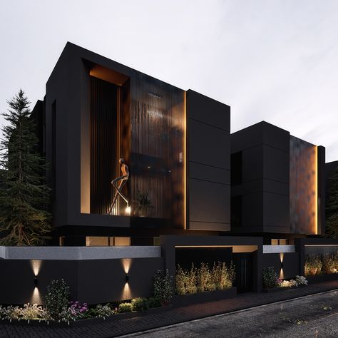 MODERN VILLA FACADE DESIGN & 3D VISUALIZATION :: Behance Modern Villa Facade, Villa Facade Design, Dark Modern House, Industrial House Exterior, Villa Facade, Morden House, Townhouse Exterior, Home Designs Exterior, House Outer Design