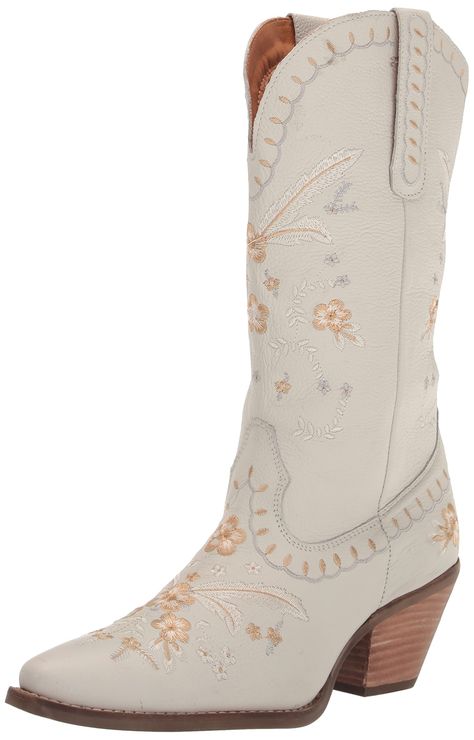 PRICES MAY VARY. Leather Shaft Pull-On Closure Mid-Calf Wedding Dress With White Boots, Girly Cowboy Boots, Whote Boots, Wedding Boots Cowgirl, Cowboy Boots Wedding Guest, White Boots Western, Cowgirl Boots Outfit Fall, Wedding Cowgirl Boots, Wedding Dress Cowboy Boots