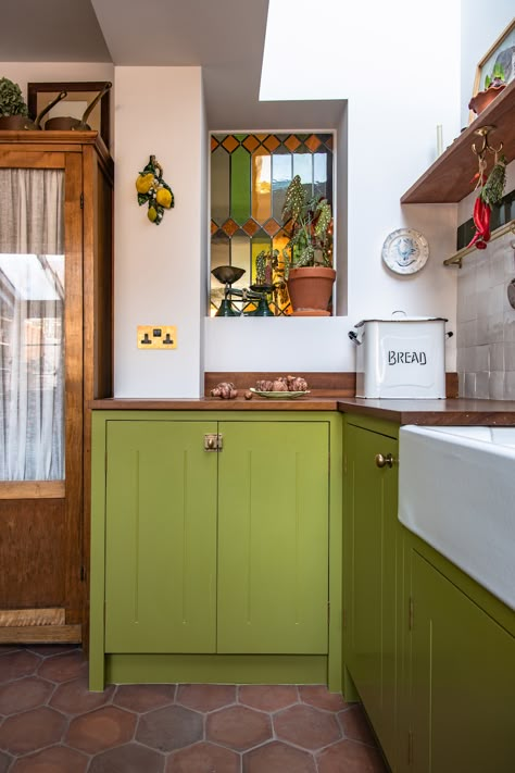 Lounge Fireplace, 1930s Kitchen, Olive Green Kitchen, Lanterns Chinese, Southeast London, 1950s Kitchen, Vintage Apothecary, Zellige Tiles, Eclectic Kitchen