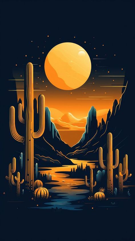 Cactus oasis landscape night sky. | premium image by rawpixel.com Iphone Wallpaper Desert, Cactus Wallpaper Iphone, Oasis Illustration, Dark Moon Wallpaper, Mountain Iphone Wallpaper, Landscape Night Sky, Desert Pics, Oasis Landscape, Desert Landscape Art