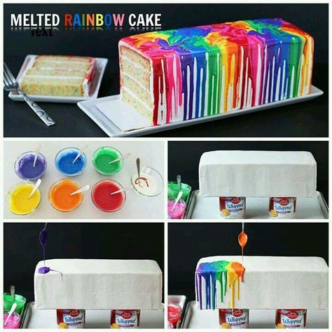 Mimicking the effect of melting crayons, a rainbow of colored ganache is dripping down the sides of a bright white cake. Cut into the cake to find specks of rainbow colors as well. Splatter Cake, Fluffy White Frosting, Showstopper Cakes, Melting White Chocolate, Painted Cakes, Vanilla Frosting, Drip Cakes, Rainbow Cake, Smash Cake