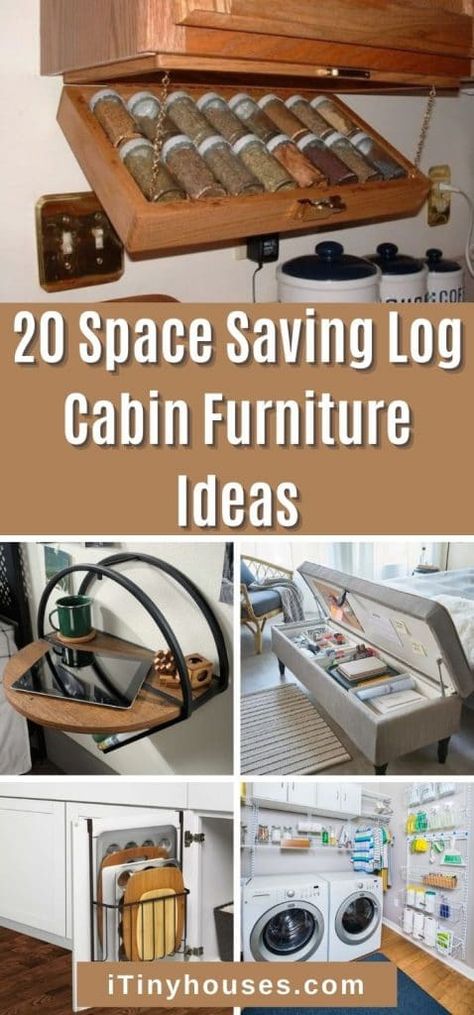 Cabin Space Saving Ideas, Log Cabin Storage Ideas, Cabin Storage Ideas, Cabin Furniture Ideas, Tiny House Storage Space Saving, Cabin Storage, Log Cabin Furniture, Coat Storage, Tiny House Storage