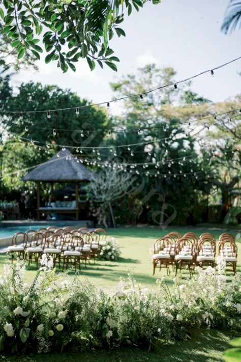 Bendwood chair, walnut chair, flower altar, Bali wedding, Bali villa wedding, Modern wedding, Green and white wedding Bali Wedding Ideas, Bali Garden Wedding, Bali Wedding Reception Decor, Wedding In Bali, Bali Villa Wedding, Outdoor Wedding Sri Lanka, Bali Wedding Ceremony, Tirtha Bali Wedding, Clifftop Wedding