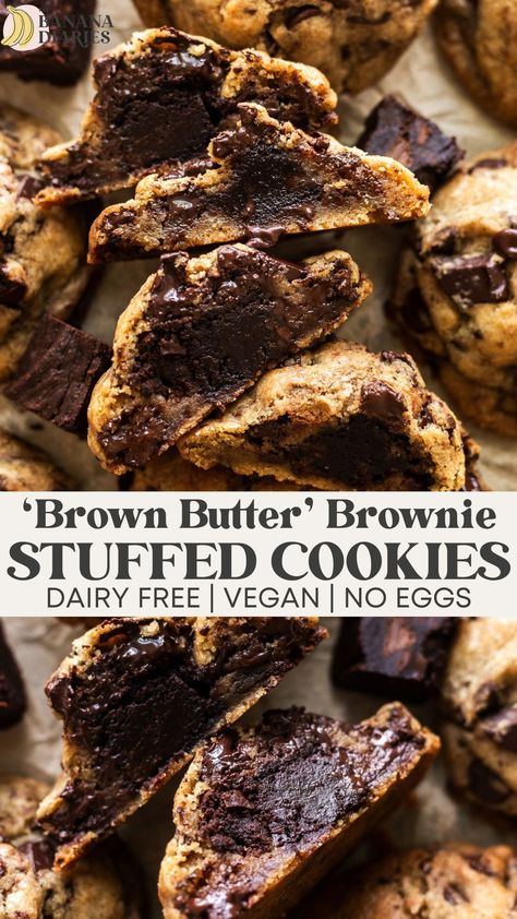 These MOLTEN brownie-stuffed cookies are made with a dairy free brown butter and loaded with chocolate chips to combine the best of two desserts- brownies and chocolate chip cookies! No eggs, no dairy, and they're downright decadent!! Dairy Free Dessert Cookies, Dairy Free Baking Recipes, Brownie Pillow Cookies, Brownie Stuffed Cookies, Dairy Free Chocolate Cookies, Vegan Brownie Cookie Recipe, Vegan Brookies Recipe, Vegan Brown Butter, Dairy Free Dessert Recipes