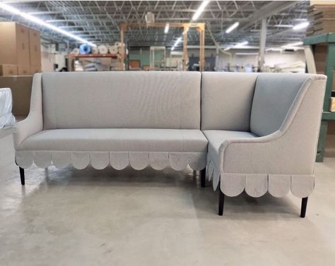 How To Make Banquette Seating, Scalloped Banquette Seating, Sofa As Dining Seating, Scalloped Banquette, Skirted Banquette, Sunroom Banquette, Banquette Living Room, Small Banquette Seating, Dining Room Banquette Seating