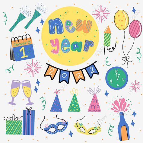 การ์ด Happy New Year, Happy New Year Illustration Design, Happy New Year Doodle, New Year Doodles, Drawing New Year, Happy New Year Cartoon, Happy New Year Drawing, New Years Drawing Ideas, New Year Elements