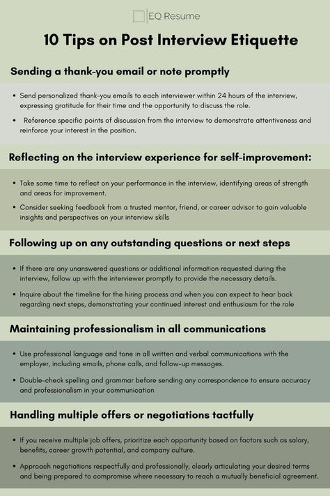 Navigate post-interview etiquette like a pro with EQ Resume! Discover 10 essential tips to leave a lasting impression after your interview. From thank-you notes to follow-up emails, we've got you covered. #postinterview #etiquette #EQResume #interviewtips #careeradvice #jobsearch #interviewprep #jobinterview #careerdevelopment #jobhunt Interview Thank You Email, Email After Interview, Interview Thank You, Thank You Email, Interview Prep, Job Interview Tips, Interview Preparation, Job Resume, Career Success