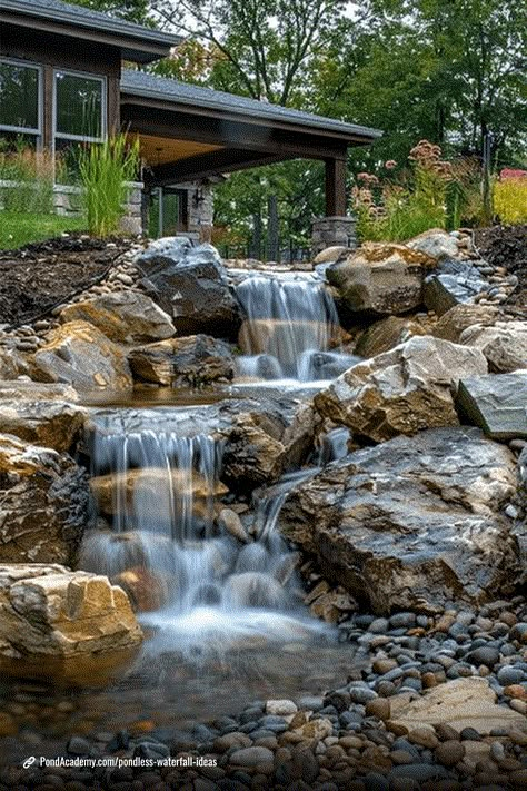 Hillside Water Feature, Large Pond Waterfall Ideas, Waterfall Stream Backyard, Hillside Waterfall Landscaping, Pondless Waterfall Ideas, Backyard Pondless Waterfall, Stone Waterfall, Waterfall Landscaping, Pondless Water Features