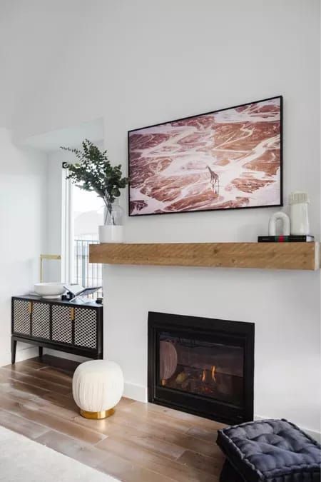 Floating Mantle Fireplace, Floating Fireplace Mantle, Under Tv Decor, Modern Mantle, Mantle Deco, Faux Mantle, Floating Mantle, Floating Fireplace, Square Floor Pillows