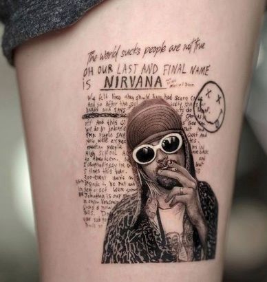 Curt Cobain Tattoo Ideas, Kurt Cobain Tattoo Design, Tattoo Ideas Nirvana, Nirvana Tattoo Kurt Cobain, Kurt Cobain Tattoo Ideas, Nirvana Logo Tattoo, Nirvana Tattoo Ideas, Rock Tattoos, Rock Band Tattoos