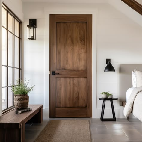 Interior Doors – Timber & Hutch Modern Farmhouse Stained Interior Doors, Stained Doors With Black Hardware, Door Finishes Interior, Stained Pocket Doors, Room Doors Bedrooms Wooden, Wood Stained Doors With White Trim, Modern Rustic Doors Interior, Rustic Wood Interior Doors, Diy Interior Wood Door