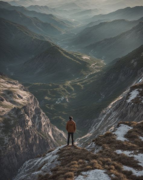 A man stands on the edge of a mountain cliff, dressed in a brown jacket and dark pants, overlooking a vast and dramatic landscape. The scene is breathtaking, with rugged mountains and deep valleys stretching out into the distance under a hazy sky. Available on Deviant Art-https://www.deviantart.com/snakesa/art/A-man-standing-on-a-mountain-cliff-1074709292 #man #ai #AI #aigenerated #aigeneratedart #3d #3dart #man #mountain #nature #sky #cliff #art Cliff Art, Mountain Cliff, Standing On The Edge, Rugged Mountains, Dramatic Landscape, Mountain Nature, Hiking Aesthetic, Deviant Art, Man Standing