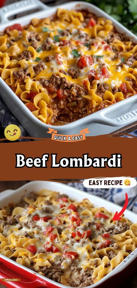 Indulge in the rich, savory flavors of this Beef Lombardi. A hearty casserole layered with beef, noodles, and a creamy sauce, it's a comforting dish that everyone will love. #BeefCasserole #ComfortFood #FamilyDinner Beef Lombardi Recipe, Beef Lombardi Casserole Recipe, Beef Lombardi Casserole 12 Tomatoes, Beef And Macaroni Casserole, Sides For Beef And Noodles, Quick And Easy Dinner Recipes With Ground Beef Casseroles, Crazy Good Casserole Recipe, Macaroni Beef Casserole, Beef Casseroles Ground