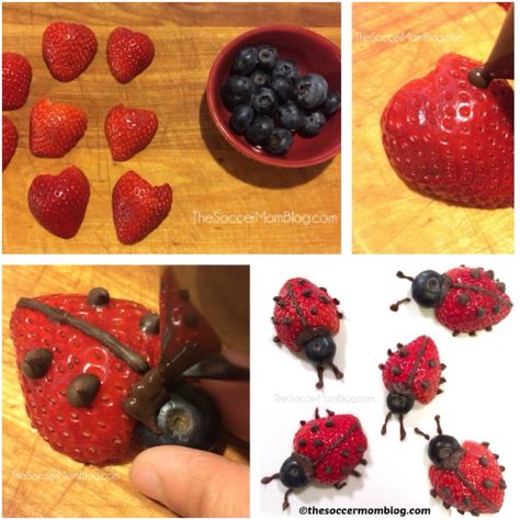 A fun strawberry and blueberry lady bug snack for kids of all ages Snacks For Preschool, Bug Snacks, Edible Insects, Shaped Food, Bug Party, Snack For Kids, Snacks For Kids, 4th Birthday Parties, Lady Bug