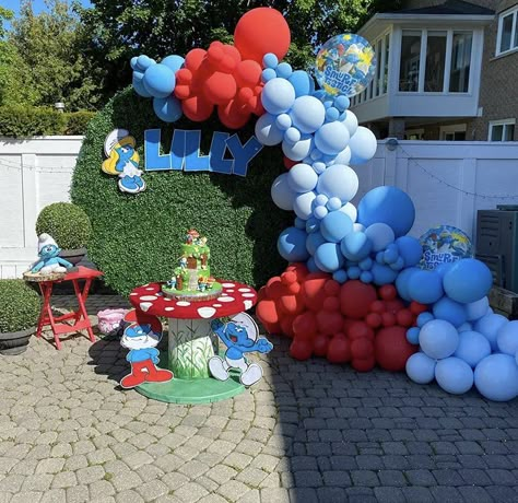 Smurfs Theme Birthday Party, The Smurfs Birthday Party Ideas, Smurfette Birthday Party Ideas, Smurf Decorations Ideas, Smurf Party Decorations, Smurf Themed Birthday Party, Smurf Baby Shower Ideas, Smurf Birthday Party Decoration, Smurf Party Ideas