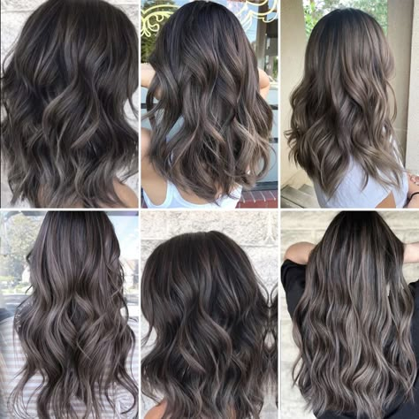 Black Hair Balayage Ashy Grey, Ash Hair With Lowlights, Dark Brown Hair With Ashy Highlights Balayage, Mushroom Hair Color Balayage, Ash Mushroom Blonde Balayage, Dark Ash Hair Color Brown, Walnut Brown Hair Color, Ash Burnett Balayage, Cool Tone Ash Brown Hair