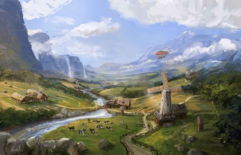 Fantasy Countryside by ~JonathanP45 on deviantART Walled Town Fantasy Art, Fantasy Farming Town, Farming Village Fantasy Art, Fantasy Plains Village, Farming Village Concept Art, Fantasy Agriculture, Fantasy Prairie, Fantasy Farming Village, Fantasy Countryside