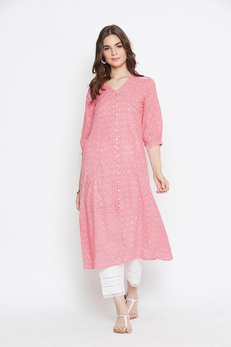 Pink V Neck button Loop Kurta Designer Kurtis Online, Umbrella Dress, Green Ikat, Coord Sets, Women Dress Online, Embroidered Kurti, Kurta For Women, Hemant And Nandita, A Line Kurta