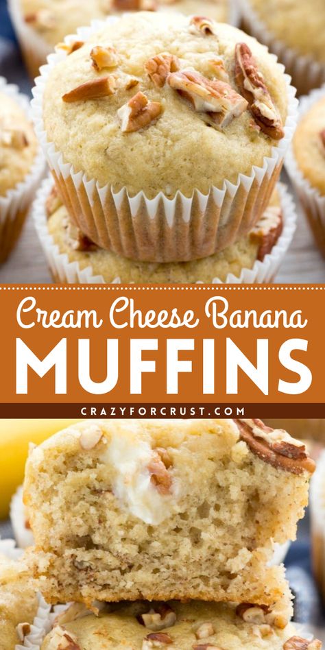 Bake up this cream cheese banana muffin recipe! It's a perfect school breakfast idea. Moist and fluffy with chopped nuts on top, these are the BEST banana cream cheese muffins. Your family will love this easy breakfast on the go! Easy Banana Muffins Recipe, Banana Cream Cheese Muffins, Best Banana Muffin Recipe, Banana Cream Cheese, Easy Banana Muffins, Banana Muffin Recipe Easy, Muffin Cups Recipes, Banana Protein Muffins, Banana Muffins Recipe