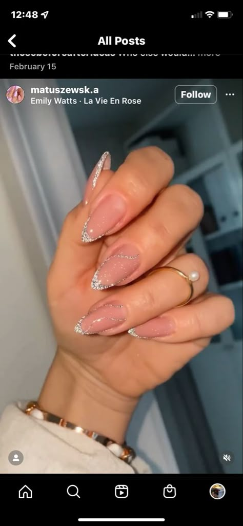 Nail Ideas Acrylic Silver, Minimal Silver Nails, Almond Prom Nails Acrylic, Silver Neutral Nails, Color French Tip Nails With Glitter, White French Tops With Glitter, Fancy Silver Nails, Subtle Bling Nails, Nude Nails Silver Glitter