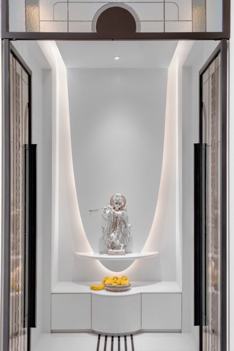 Contemporary Puja Room, Marble Mandir Design Puja Room Modern, House Design Ideas Simple, Home Temple Ideas Puja Room, Simple Small House Design, Simple Small House, Small House Design Ideas, Floor Inlay, Living Room Designs India