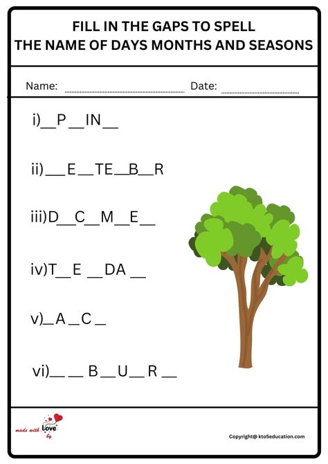 Fill In The Gaps TO Spell The Name Of Days Months And Seasons Worksheet | FREE Download  Check more at https://kto5education.com/fill-in-the-gaps-to-spell-the-name-of-days-months-and-seasons-worksheet/ Name Of Days, Months And Seasons, Seasons Name, Seasons Worksheets, 5th Class, Days And Months, Writing Worksheets, Name Day, Reading Writing