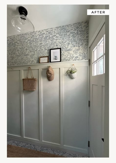 Board And Batten End Of Wall, Wainscoting Small Entryway, Laundry Room Ideas Board And Batten, Peg Rail Board And Batten, Hallway Wall Board And Batten, Hallway With Wainscotting And Wallpaper, Wallpaper Batten Board, Rental Board And Batten, Small Hallway Board And Batten