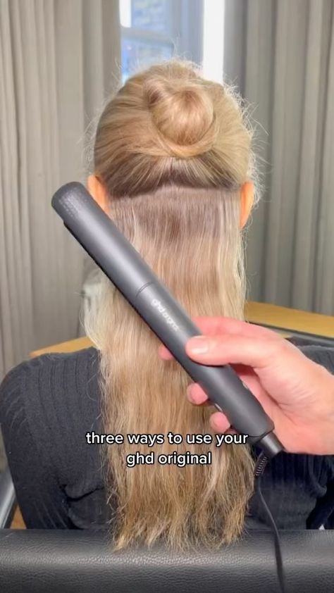 ghd hair’s Instagram post: “3 ways our #ghdoriginal styler is more than just a straightener 🖤 Shop yours now @nordstrom 🛍 #ghdusa @nordstrombeauty…” Hollywood Waves With Straightener, Soft Curls With Straightener, Waves With Straightener, Hair Straightener Waves, Straightener Curls, Ghd Curls, Wavy Hair With Straightener, Curling Fine Hair, Straightener Waves