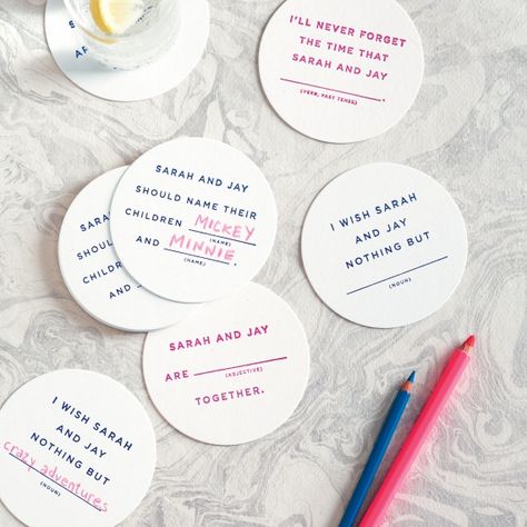 Mad Libs Drink Coasters Wedding Reception Activities, Wedding Party Games, Wedding Games For Guests, Dinner Party Games, Reception Activities, Fun Bridal Shower Games, Mad Libs, Icebreakers, Bachelorette Party Games