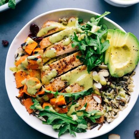 Chicken Wild Rice Bowls - Chelsea's Messy Apron Sweet Potato Quinoa Salad, Rice Bowls Healthy, Wild Rice Recipes, Sweet Potato Bowls, Chelsea's Messy Apron, Cilantro Lime Sauce, Chicken Rice Bowls, Chicken Tender, Rice Bowls Recipes