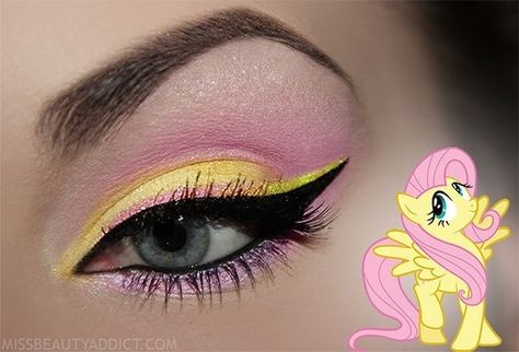 Fluttershy my little pony Pink And Yellow Makeup, How To Put Eyeliner, Fluttershy Cosplay, Pony Makeup, Make Carnaval, Glam Eye Makeup, Yellow Eye Makeup, Yellow Makeup, Pink Makeup