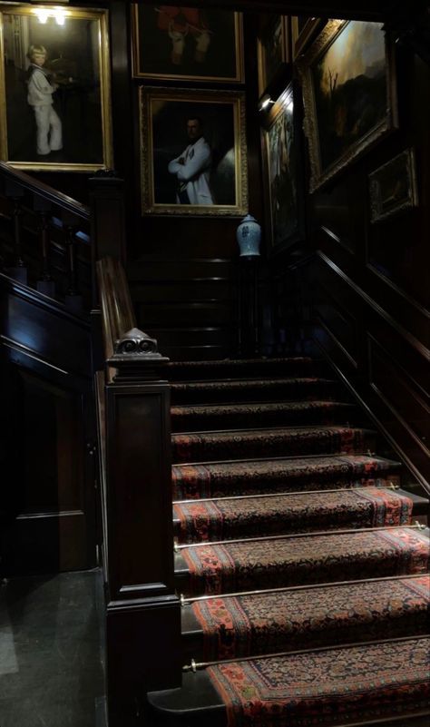 Dark Academia Staircase, Gothic Staircase, Victorian Basement, Victorian Entryway, Victorian Gothic House, Dark Staircase, Manor House Interior, Victorian Gothic Decor, Dark Academia Home