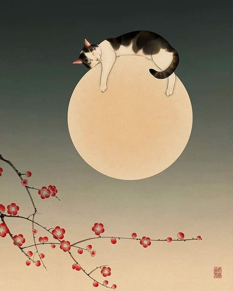 Japanese Moon Tattoo, Cat Japanese Art, Japanese Cat Art, Japanese Cats, Cat On The Moon, Japan Cat, Japanese Cat, Art Japonais, Korean Art