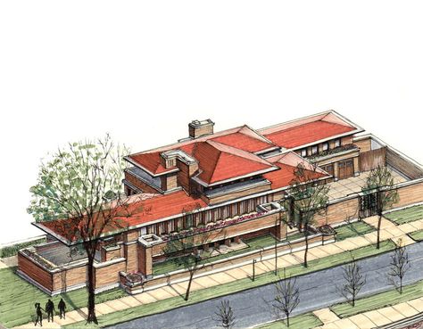 Frederick Robie House / Frank Lloyd Wright / 1910 . Image Courtesy of Diego Inzunza - Estudio Rosamente Robie House Frank Lloyd Wright, Robie House, Axonometric Drawing, Frank Lloyd Wright Architecture, College Architecture, Frank Lloyd Wright Homes, Prairie House, Building Sketch, Philip Johnson