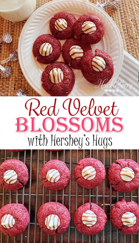 Red Velvet Blossoms are a soft chocolate cookie, with a crunchy sugar outside and are topped with a Hershey's Hug. They make a perfect Valentine's treat! Hersheys Red Velvet Blossoms, Hershey Red Velvet Blossom Cookies, Red Velvet Hershey Kiss Cookie, Cherry Cookies With Hershey Kiss, Hershey Hugs Cookies, Red Velvet Kiss Cookies, Red Velvet Blossom Cookies, Hugs Cookies, Hershey Hugs