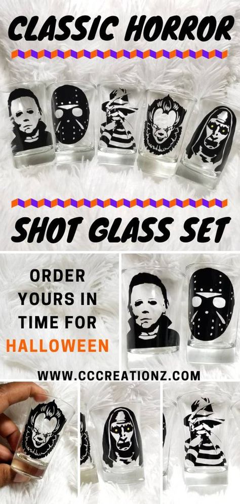 Halloween Party Horror Shot Glasses Set Freddy Kruger | Etsy Diy Shot Glasses, Shot Glass Ideas, The Nun Valak, Halloween Shot Glasses, Horror Crafts, Halloween Shots, Halloween Glasses, Halloween Crafts To Sell, Halloween Cricut